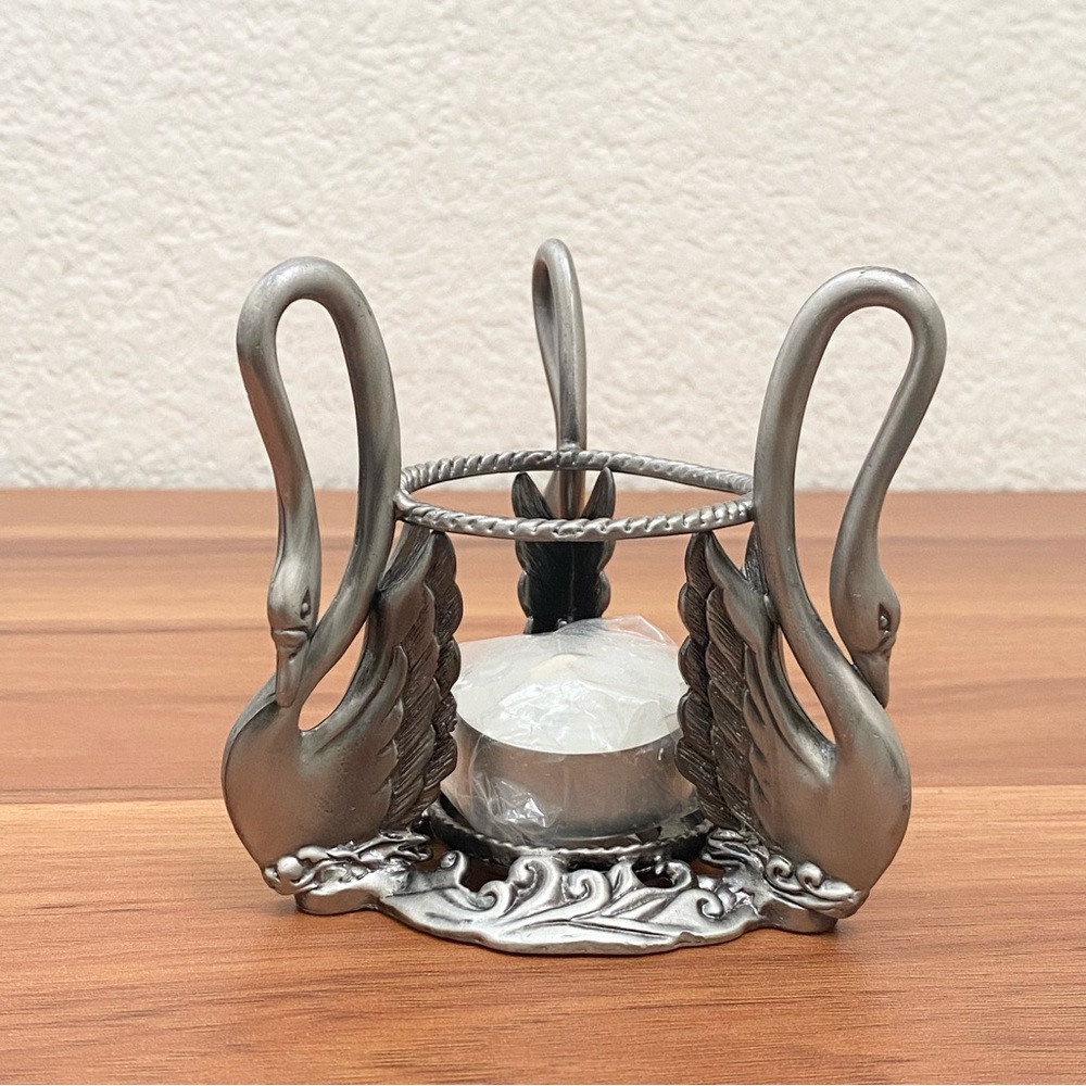 M.T. Signed Pewter Swan Votive Candle Holder - Picture 2 of 9